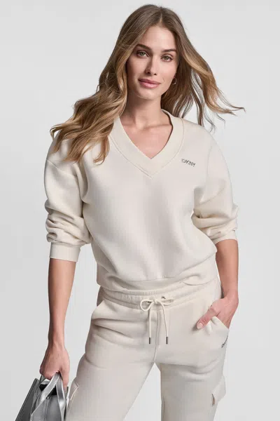 Dkny Women's Metallic Bubble Logo V-neck Pullover In Neutral