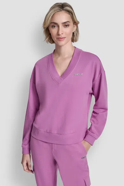 Dkny Women's Metallic Bubble Logo V-neck Pullover In Purple