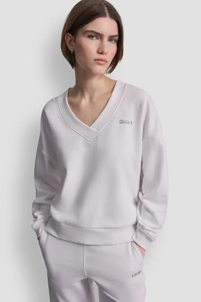 Dkny Women's Metallic Bubble Logo V-neck Pullover In White