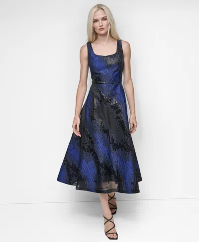 Dkny Women's Metallic Jacquard Scoop-neck Midi Dress In Navy