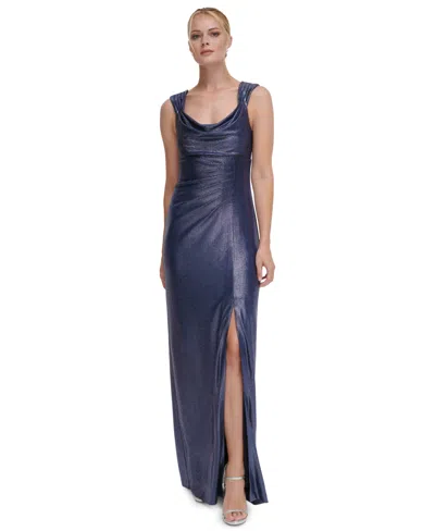Dkny Women's Metallic Ruched Cowlneck Gown In Navy