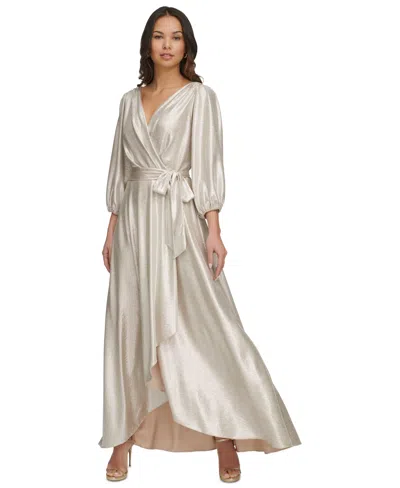 Dkny Women's Metallic Textured Faux-wrap Gown In Champagne,silver