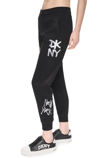 Dkny Women's Mid-rise Graffiti Rhinestone Logo Jogger Pants In Black