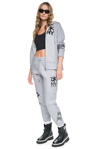 Dkny Women's Mid-rise Graffiti Rhinestone Logo Jogger Pants In Gray