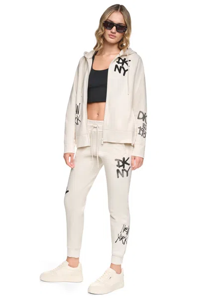 Dkny Women's Mid-rise Graffiti Rhinestone Logo Jogger Pants In White
