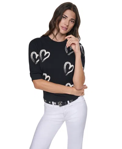 Dkny Women's Mini Hearts Crewneck Elbow-sleeve Sweater In Black