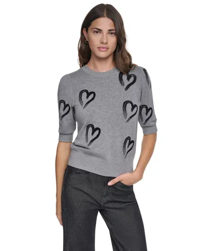 Dkny Women's Mini Hearts Crewneck Elbow-sleeve Sweater In Gray