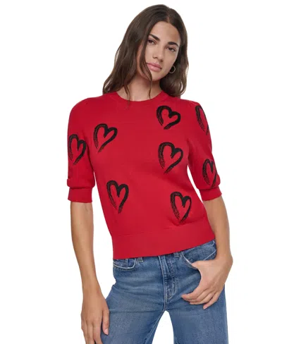 Dkny Women's Mini Hearts Crewneck Elbow-sleeve Sweater In Red