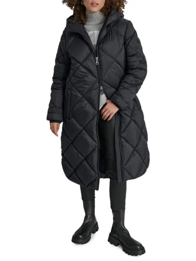 Dkny Women's Missy Diamond Quilted Longline Puffer Coat In Black