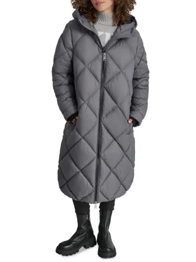 Dkny Women's Missy Diamond Quilted Longline Puffer Coat In Graphite