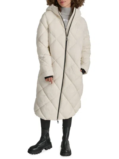 Dkny Women's Missy Diamond Quilted Longline Puffer Coat In Pearl