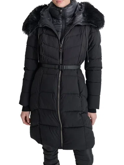 Dkny Women's Missy Faux Fur Longline Puffer Coat With Bib In Black