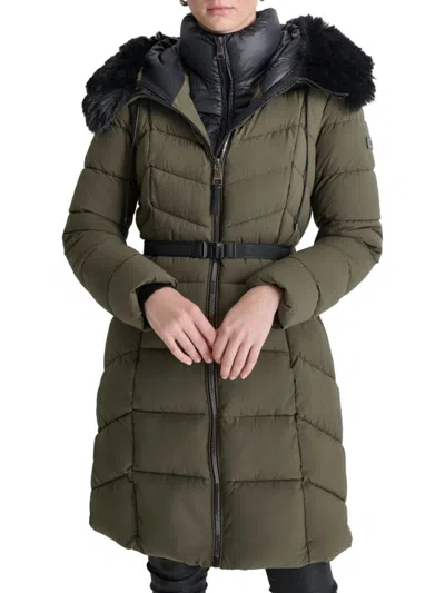 Dkny Women's Missy Faux Fur Longline Puffer Coat With Bib In Loden