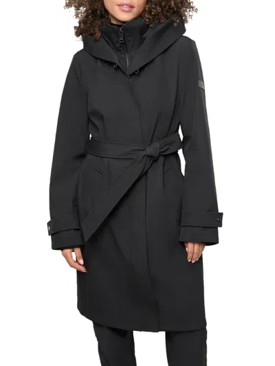 Dkny Women's Missy Soft Shell Hood Coat With Bib In Black