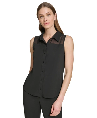Dkny Women's Mixed-media Button-front Sleeveless Top In Black
