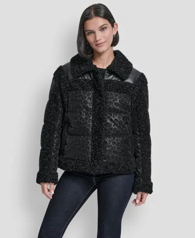Dkny Women's Mixed Media Cheetah Tech Jacket In Black