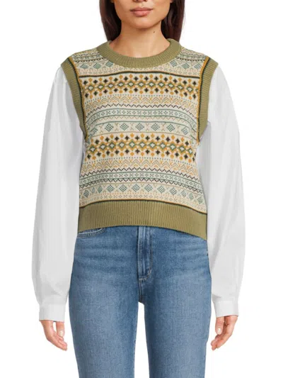 Dkny Women's Mixed Media Fairislle Knit Bodice Sweater In Light Fatigue