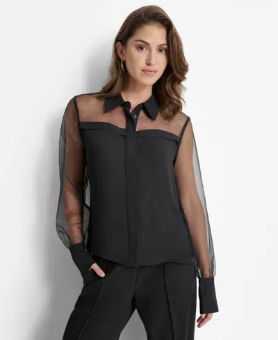 Dkny Women's Mixed-media Organza Long-sleeve Blouse In Black