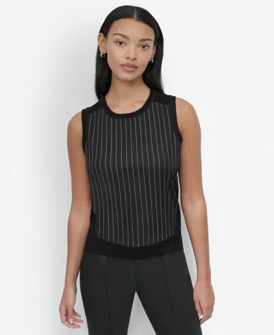 Dkny Women's Mixed-media Pinstripe Sweater Vest In Black,ivory Pinstripe