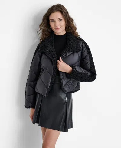 Dkny Womens Mixed Media Quilted Puffer Jacket In Black