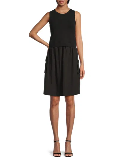 Dkny Women's Mixed-media Sleeveless A-line Dress In Black