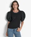 Dkny Women's Mixed-media Taffeta Puff-sleeve Top In Black