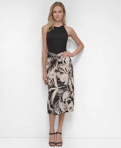 Dkny Women's Mixed-media Tie-front Midi Dress