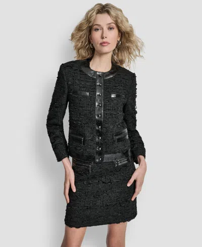 Dkny Women's Mixed Media Tweed And Crackle Crewneck Jacket In Black