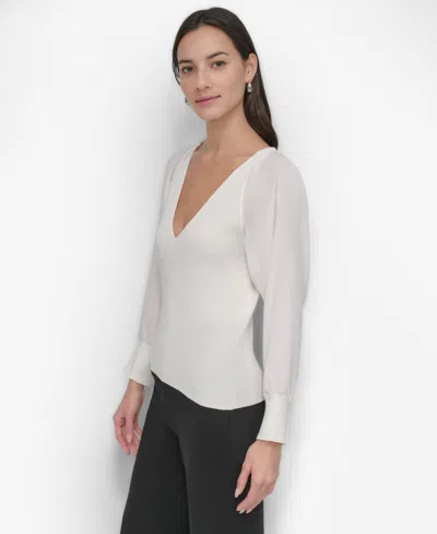 Dkny Women's Mixed-media V-neck Top In Ivory,ivory