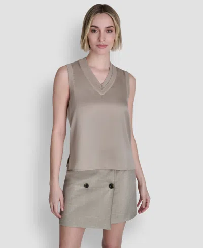 Dkny Women's Mixed Media V-neck Sleeveless Sweater In Gray