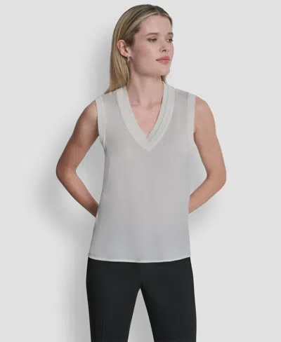 Dkny Women's Mixed Media V-neck Sweater In White