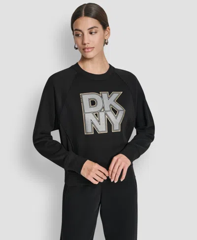 Dkny Women's Mixed Metal Stack Glitter Crewneck Top In Black