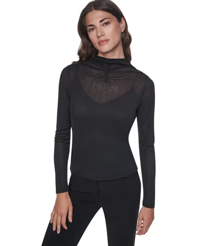 Dkny Women's Mock Neck Long Sleeve Sheer Blouse In Black