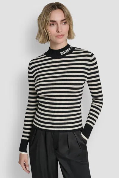 Dkny Women's Mock Neck Rib Stripe Logo Sweater In Animal Print