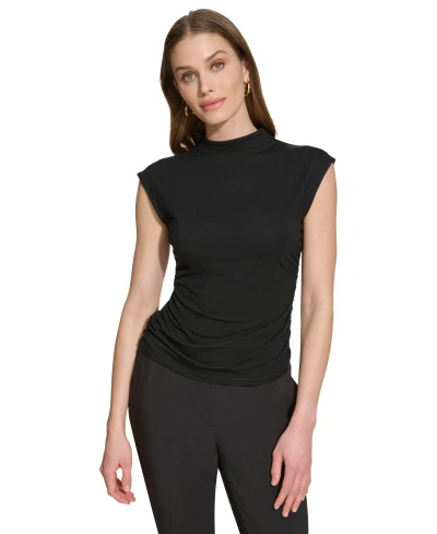 Dkny Women's Solid Shirred Mock-neck Sleeveless Top In Black