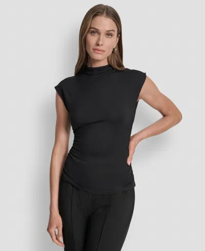 Dkny Women's Mock-neck Sleeveless Side-ruched Knit Top, Regular & Petite In Black