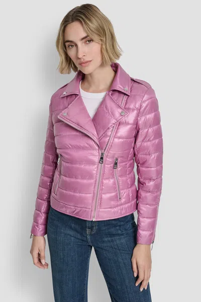 Dkny Women's Moto Style Light Weight Puffer Jacket In Pink