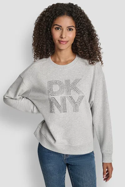 Dkny Women's New York Stacked Mixed Rhinestone Logo Sweatshirt In Gray