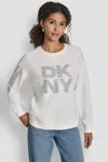 Dkny Women's New York Stacked Mixed Rhinestone Logo Sweatshirt In White