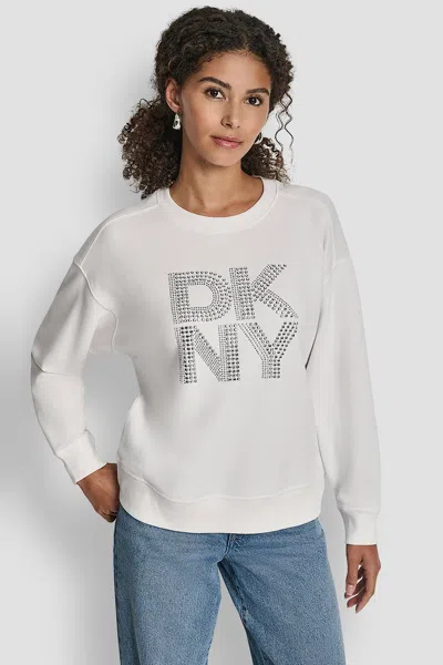 Dkny Women's New York Stacked Mixed Rhinestone Logo Sweatshirt In White