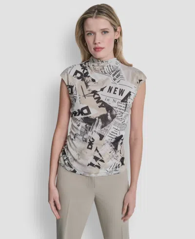Dkny Women's Newspaper-print Mock Neck Knit Mesh Top In Gray