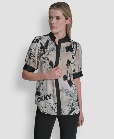 Dkny Women's Newspaper-print Woven Blouse In Multi