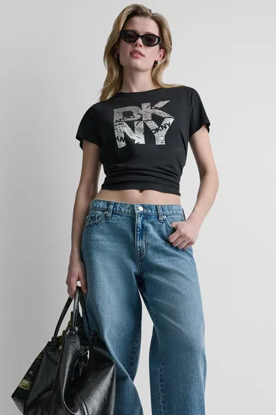 Dkny Women's Newsprint Stacked Logo T-shirt In Black