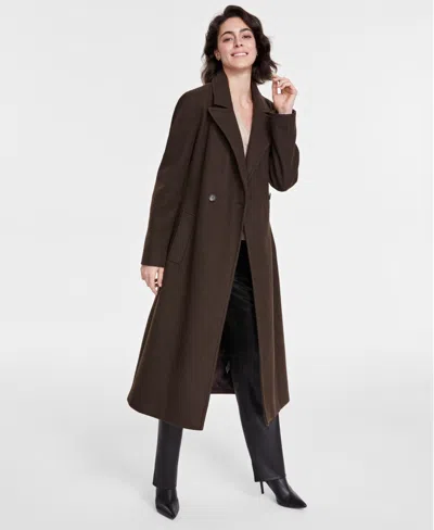 Dkny Women's Notched-collar Double-breasted Wrap Coat In Chocolate Melange