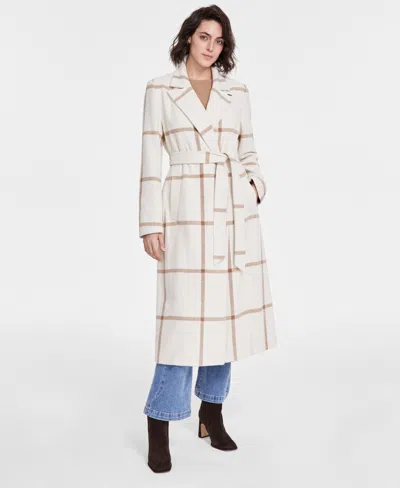 Dkny Women's Notched-collar Double-breasted Wrap Coat In Cream Plaid