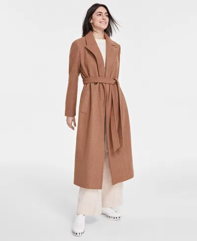 Dkny Women's Notched-collar Double-breasted Wrap Coat In Dark Camel