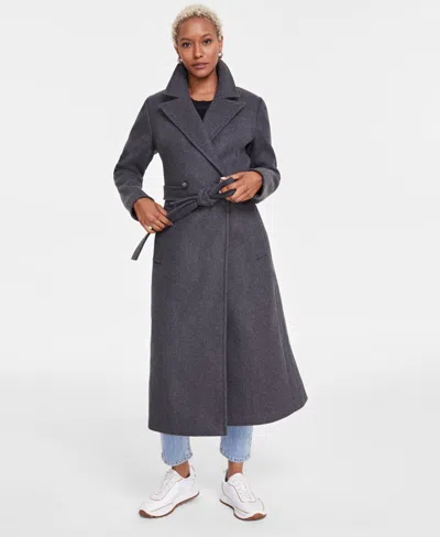 Dkny Women's Notched-collar Double-breasted Wrap Coat In Med Grey