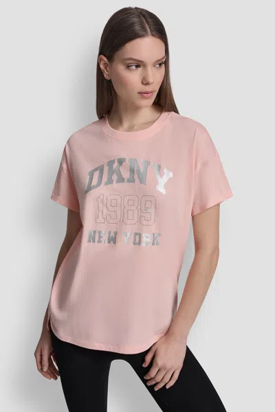 Dkny Women's Ny 1989 Logo Rhinestud Logo T-shirt In Pink