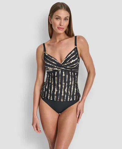 Dkny Women's O-ring-trim Crossover Ruched Tankini Top In Blue