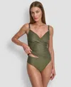 Dkny Women's O-ring-trim Crossover Ruched Tankini Top In Green
